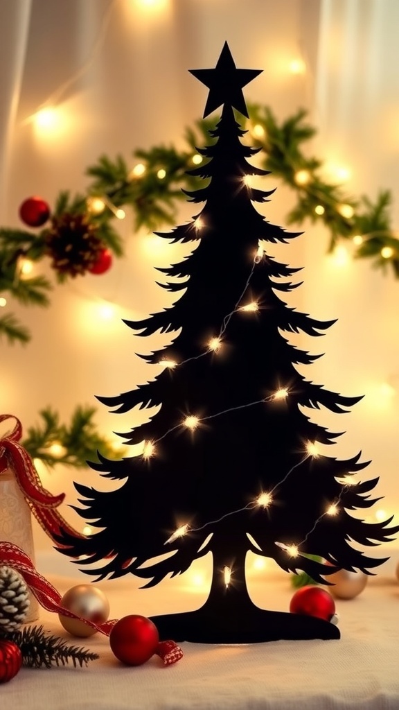 Christmas Tree Silhouette Decoration A black Christmas tree silhouette with fairy lights against a dark background, creating a festive holiday decoration.